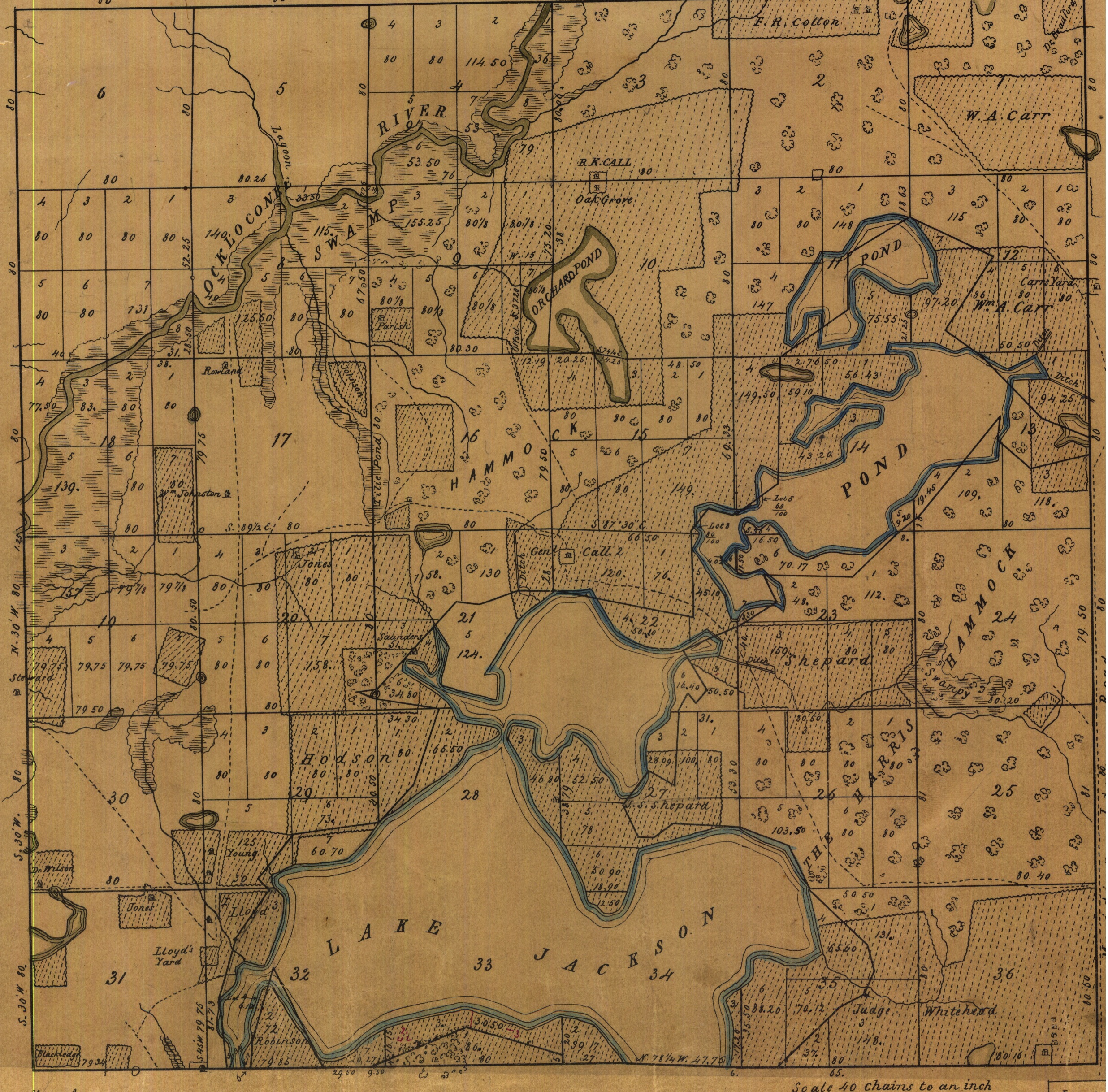 Plat of township 2 north, range 1 west, showing Call's Lake Jackson and Orchard Pond plantations in 1853.