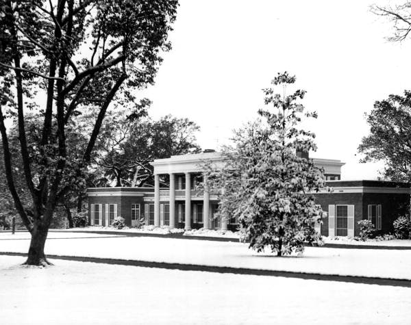 A rare Tallahassee snow blankets the grounds at the Florida Governor's Mansion on February 13, 1958.